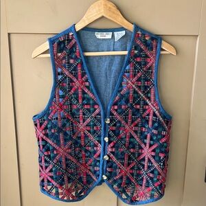 Victoria Jones Vtg Petite Medium Denim Quilted Vest Plaid